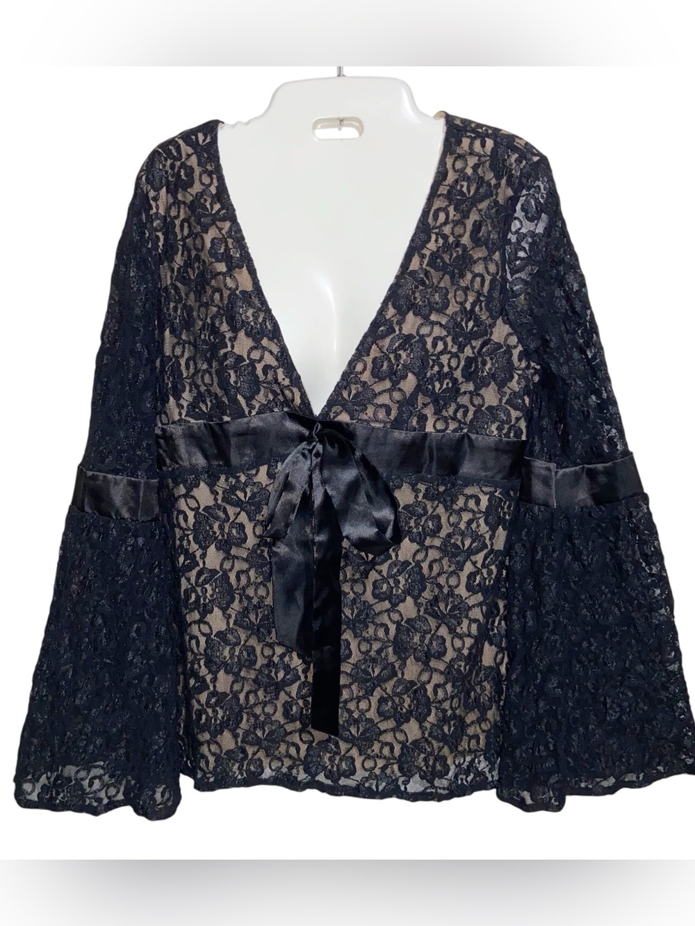 Vintage 90s Y2K Top Womens Medium Lace Babydoll Sheer Whimsigoth Flare Sleeves